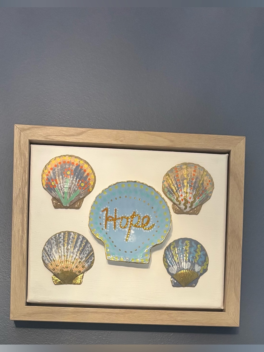 Framed Seashell Wall Art – 'Hope' Blue Accent